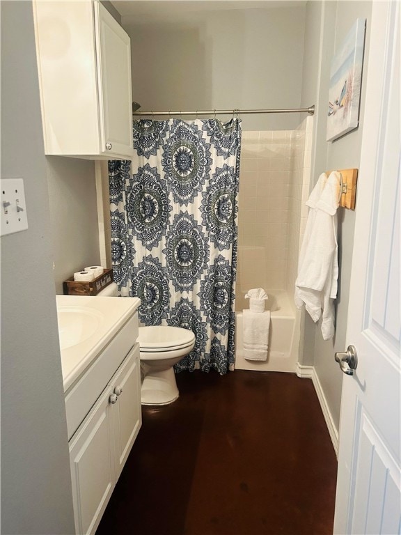 full bathroom featuring vanity, toilet, and shower / bathtub combination with curtain