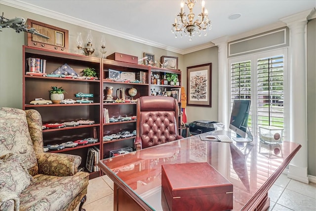 tiled office space featuring an inviting chandelier and ornamental molding