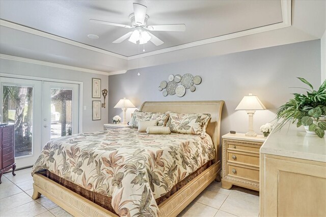 tiled bedroom with french doors, access to outside, ceiling fan, and crown molding