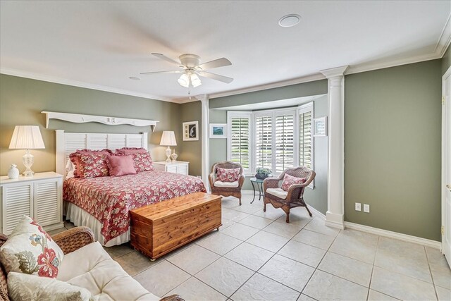 tiled bedroom featuring ornate columns, ceiling fan, and crown molding