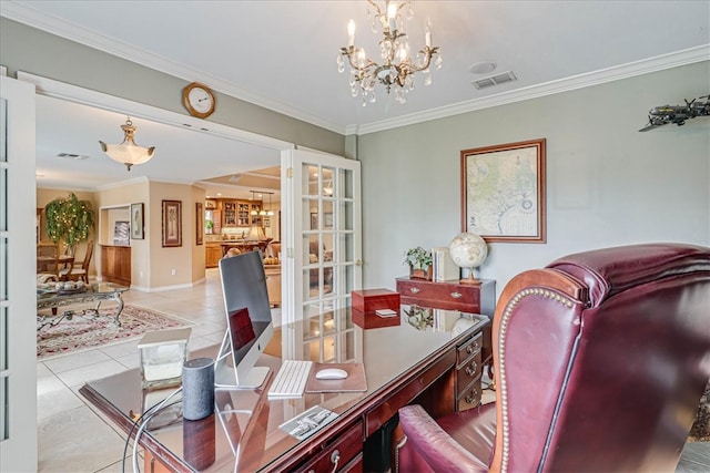 dining room featuring a chandelier, light tile patterned floors, and crown molding