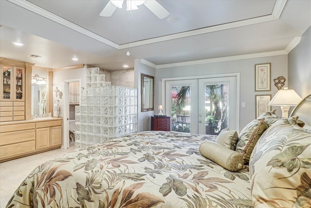 bedroom featuring access to outside, ornamental molding, light tile patterned flooring, ensuite bath, and ceiling fan