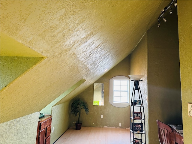 additional living space with hardwood / wood-style floors and vaulted ceiling