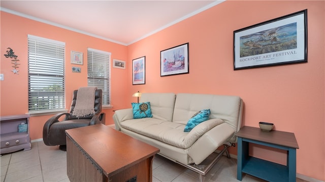 living room featuring light tile patterned floors and crown molding