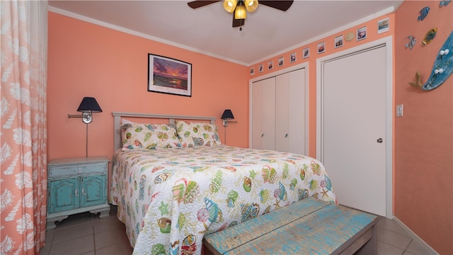 bedroom with light tile patterned flooring, ceiling fan, and ornamental molding