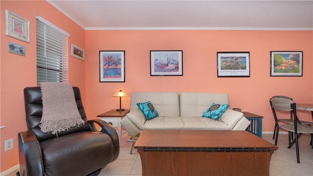 tiled living room featuring ornamental molding