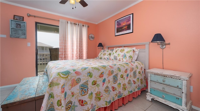 bedroom featuring access to outside, ceiling fan, light tile patterned floors, and ornamental molding