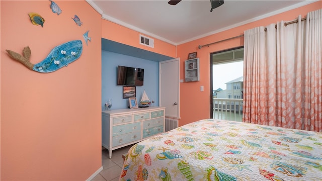 bedroom with access to outside, ceiling fan, crown molding, and light tile patterned flooring