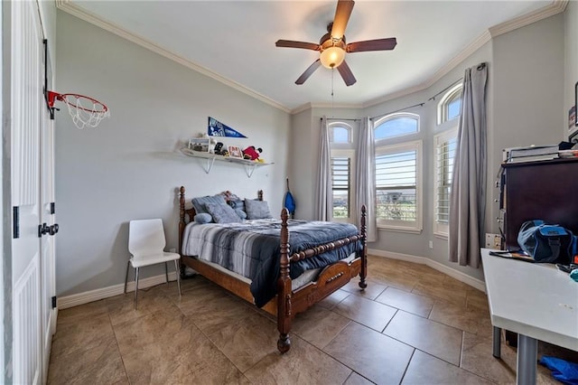 bedroom featuring ceiling fan and crown molding