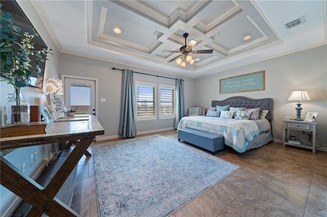 bedroom with beam ceiling, ceiling fan, crown molding, and coffered ceiling