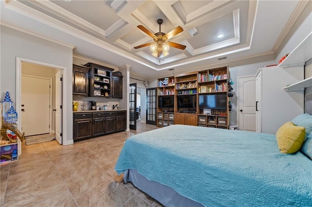 bedroom featuring beamed ceiling, crown molding, ceiling fan, and coffered ceiling