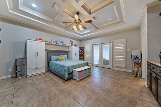 bedroom with french doors, coffered ceiling, crown molding, ceiling fan, and beamed ceiling