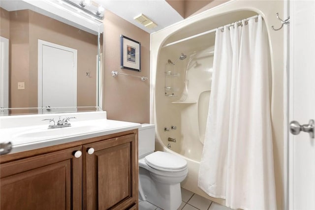 full bath featuring tile patterned floors, visible vents, shower / bathtub combination with curtain, toilet, and vanity