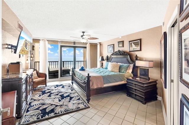 bedroom with light tile patterned floors, visible vents, ceiling fan, a textured ceiling, and access to outside