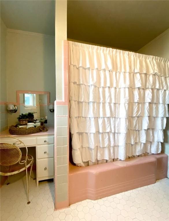 601 E Joyce St, Bishop, TX 78343 - full bathroom with shower / bathtub combination with curtain, crown molding, and tile patterned floors