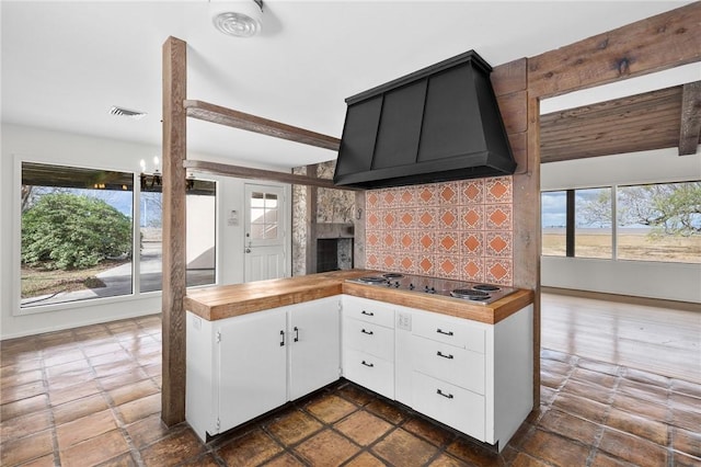 kitchen featuring tasteful backsplash, a wealth of natural light, electric cooktop, and custom exhaust hood