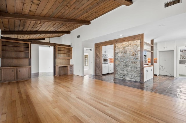 unfurnished living room with lofted ceiling with beams, wood ceiling, visible vents, and wood finished floors