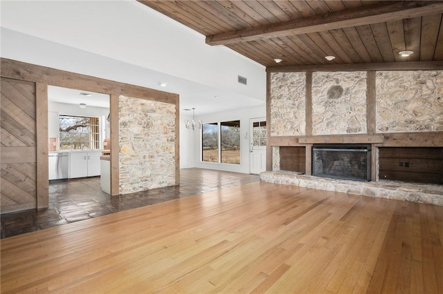 unfurnished living room featuring wood ceiling, a healthy amount of sunlight, a fireplace, and wood finished floors