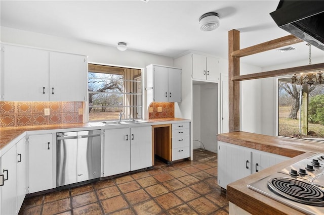 kitchen with visible vents, backsplash, white cabinetry, a sink, and dishwasher