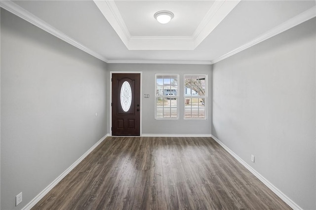 foyer featuring crown molding, dark hardwood / wood-style flooring, and a raised ceiling