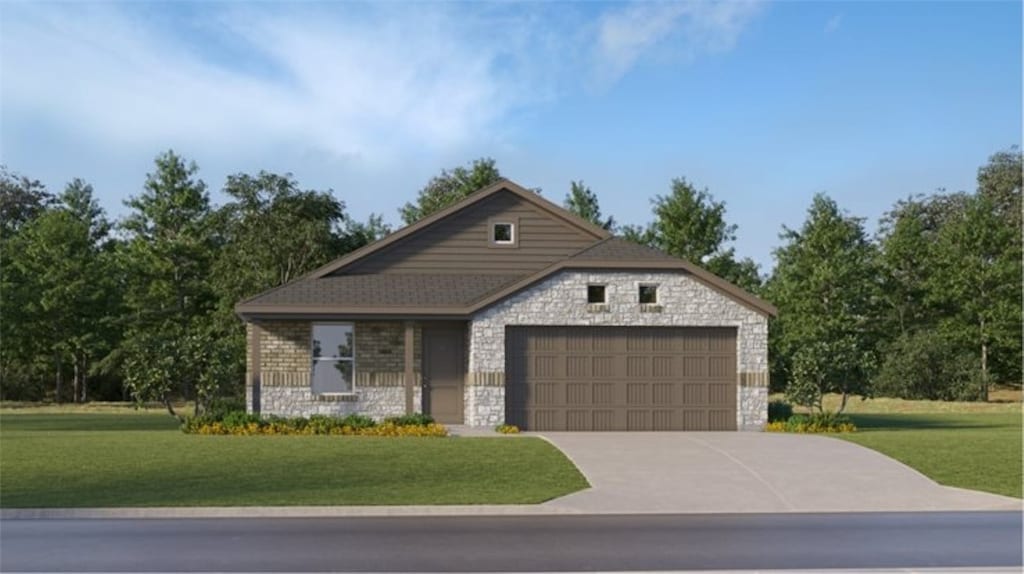 view of front of house featuring a front lawn, concrete driveway, a garage, and stone siding