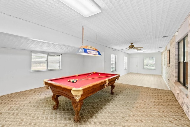 2201 Woodcrest Dr, Corpus Christi, TX 78418 - playroom with ceiling fan, carpet floors, and billiards