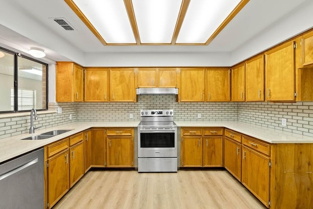 2201 Woodcrest Dr, Corpus Christi, TX 78418 - kitchen with appliances with stainless steel finishes, under cabinet range hood, light wood finished floors, light countertops, and brown cabinets