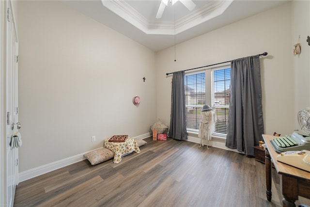 misc room featuring ceiling fan, dark hardwood / wood-style floors, crown molding, and a tray ceiling