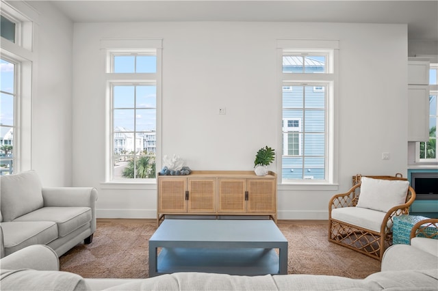 living room featuring a fireplace, light hardwood / wood-style flooring, and a healthy amount of sunlight