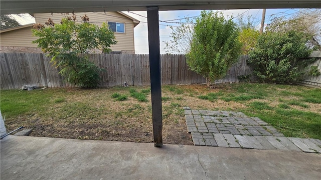 view of yard featuring a patio area and a fenced backyard