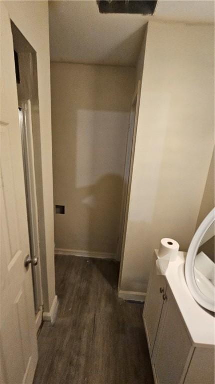 bathroom featuring vanity and hardwood / wood-style flooring