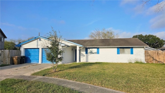 single story home featuring an attached garage, brick siding, fence, concrete driveway, and a front yard