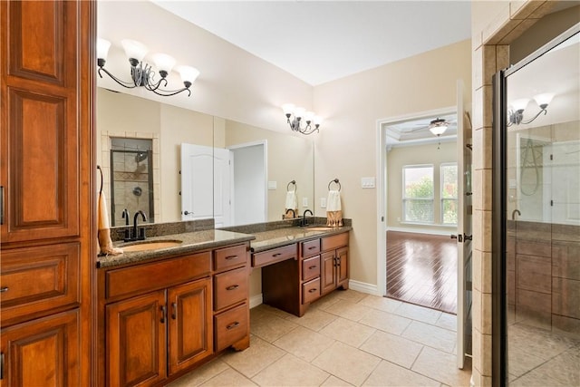 4529 Ballad Tree Dr, Corpus Christi, TX 78410 - full bathroom featuring tile patterned floors, vanity, a shower stall, and ceiling fan
