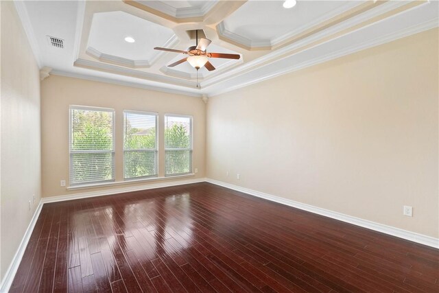4529 Ballad Tree Dr, Corpus Christi, TX 78410 - unfurnished room with coffered ceiling, a ceiling fan, ornamental molding, wood-type flooring, and beamed ceiling