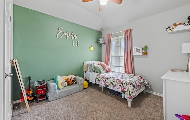 6754 Mikayla St, Corpus Christi, TX 78413 - carpeted bedroom featuring ceiling fan, baseboards, and vaulted ceiling