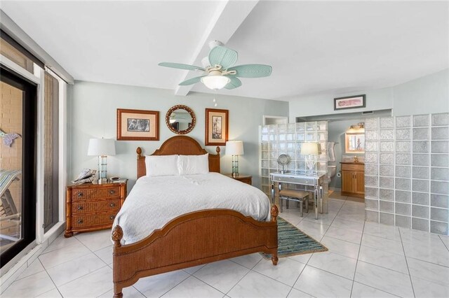 bedroom with light tile patterned floors and ceiling fan