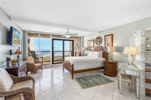 tiled bedroom featuring beamed ceiling, floor to ceiling windows, and access to outside