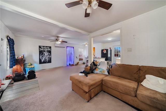 carpeted living room with a wall unit AC