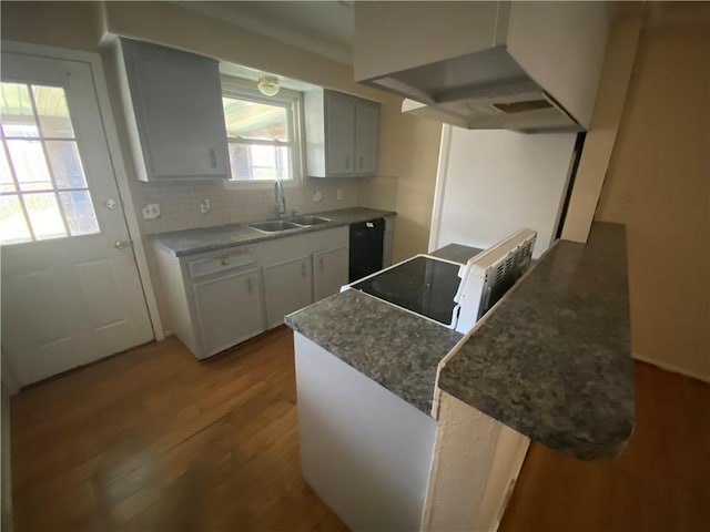 kitchen with range hood, light hardwood / wood-style flooring, tasteful backsplash, white cabinets, and sink