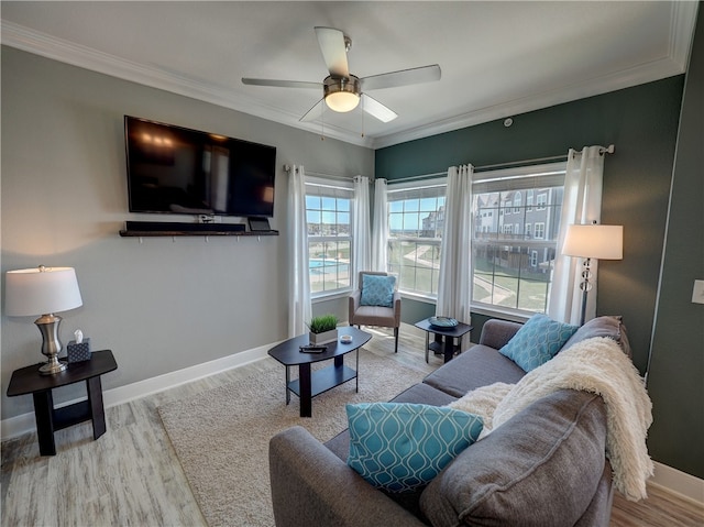 living room with ceiling fan, ornamental molding, and light hardwood / wood-style flooring