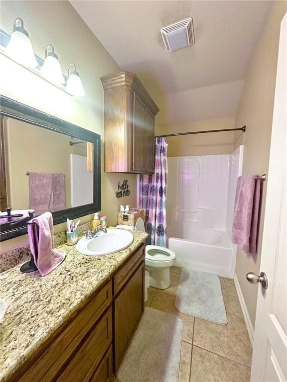 4734 Fox Trot Dr, Corpus Christi, TX 78413 - full bathroom with visible vents, tile patterned floors, vanity, toilet, and shower / tub combo with curtain