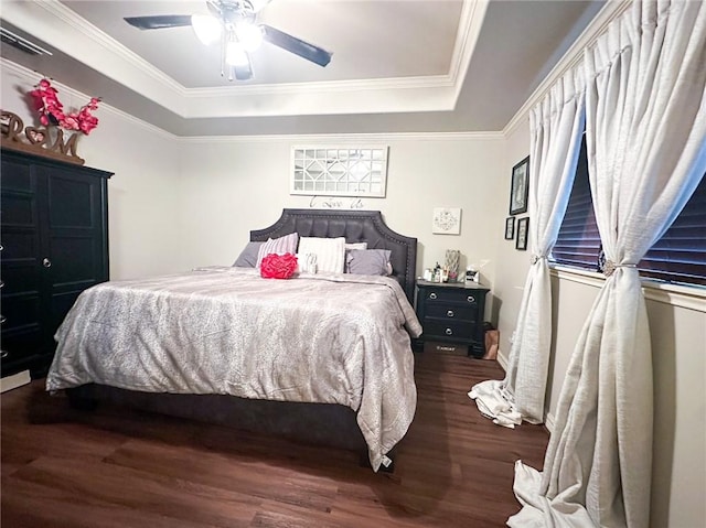 4734 Fox Trot Dr, Corpus Christi, TX 78413 - bedroom with ornamental molding, a ceiling fan, wood finished floors, and a tray ceiling