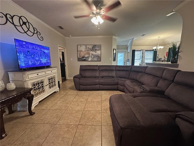 4734 Fox Trot Dr, Corpus Christi, TX 78413 - living room featuring light tile patterned flooring, ceiling fan with notable chandelier, baseboards, visible vents, and ornamental molding