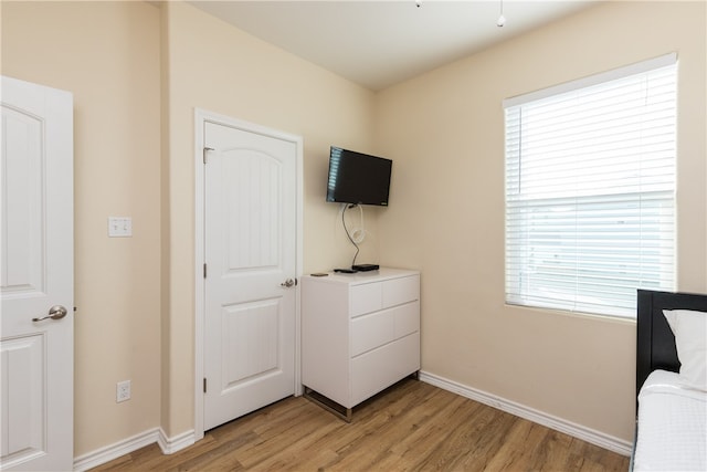 bedroom featuring multiple windows and light hardwood / wood-style floors