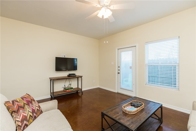 living room featuring ceiling fan