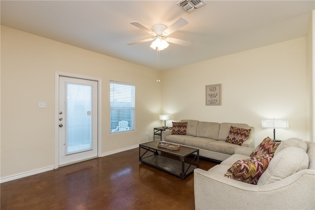 living room featuring ceiling fan