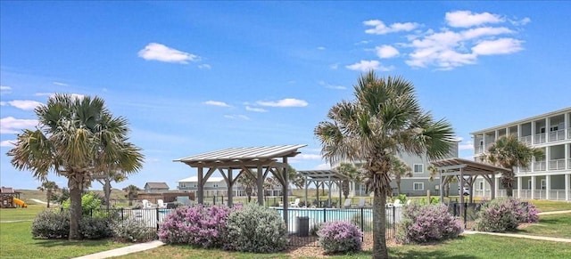 view of property's community with fence and a pool