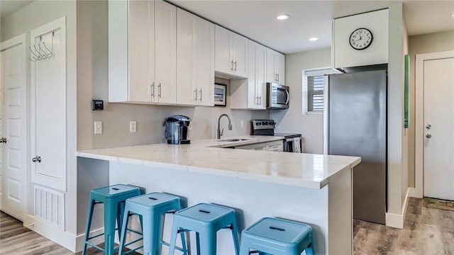 kitchen with stainless steel appliances, light wood finished floors, a sink, and light stone countertops