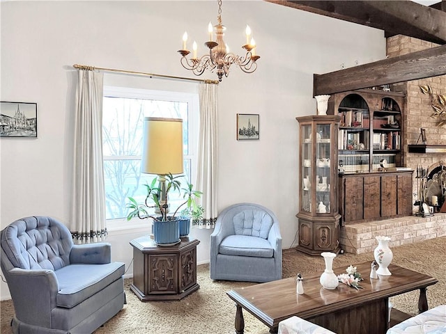 sitting room featuring carpet, a notable chandelier, and built in shelves
