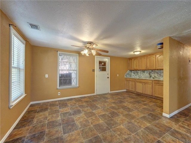 kitchen with baseboards, a healthy amount of sunlight, visible vents, and ceiling fan